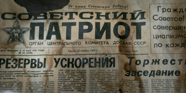 An edition of the newspaper Sovetsky Patriot, dated three days before the nuclear explosion. Photo / AP