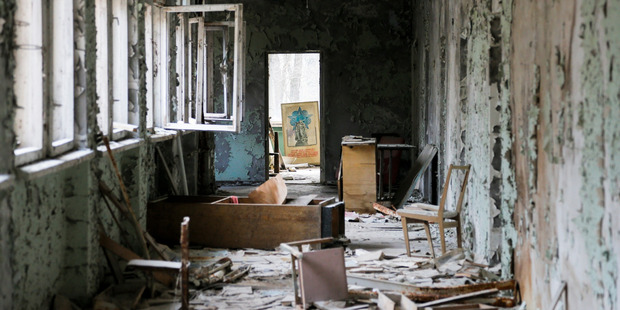 A room in a dilapidated building, part of a school in the deserted town of Pripyat. Photo / AP