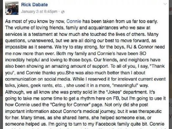 Rick Dabate's Facebook tribute to his wife two weeks after her murder raised eyebrows. Photo / Facebook