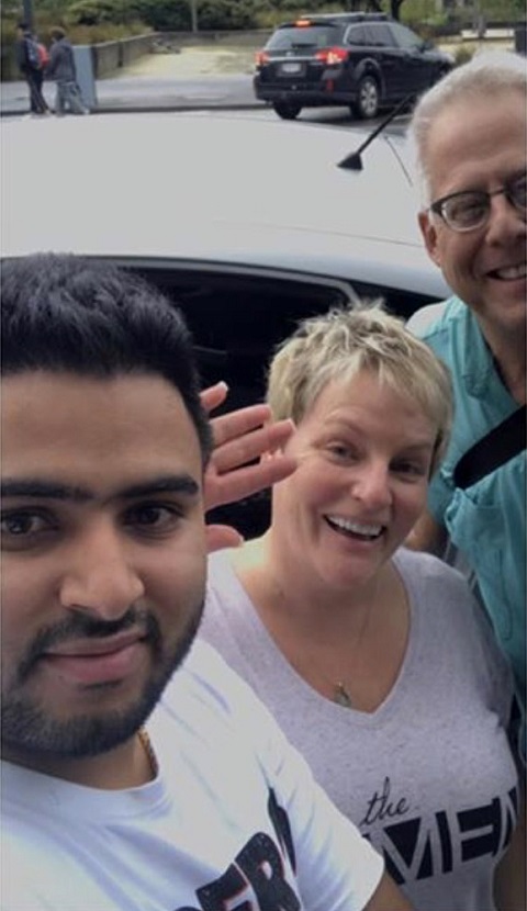 Medical and dental software vendor Lisa Kottke, her husband Matt, and "hero" Uber driver Harpal Kang who drove them from Auckland to Wellington over nine and a half hours for an urgent meeting after flights were cancelled due to Cyclone Debbie on March 29. Photo / Supplied