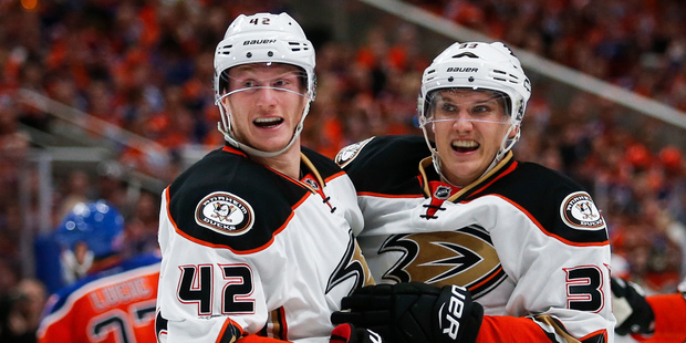 Anaheim Ducks Jakob Silfverberg celebrates his goal with teammate Josh Manson