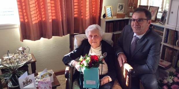 Madeline Anderson on her 110th birthday with Polish Ambassador Zbigniew Gniatkowski. Photo/Supplied