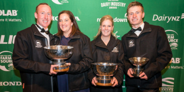 Christopher and Siobhan O'Malley (left), Hayley Hoogendyk and Clay Paton celebrate at the 2017 New Zealand Dairy Industry Awards. Photo: Supplied