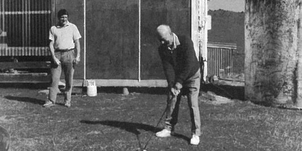Chris Wilmshurst (patron and life member) hitting the first ball at the official opening day, March 1, 1991. President J Cusdin is watching.