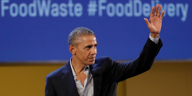 United States former President Barack Obama waves after delivering his speech in Milan. Photo / AP