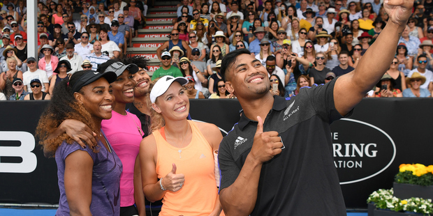 Julian Savea took a selfie with Venus and Serena Williams and Caroline Wozniacki at the charity tennis match for Kaikoura. File/Photo