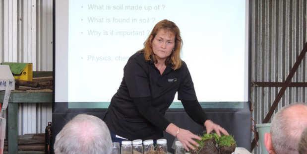 Soil scientist Trish Fraser talks to farmers at the Waihao Wainono Community Catchment Group's field day at Hugh and Liz Wigley's farm. Photo / Sally Brooker