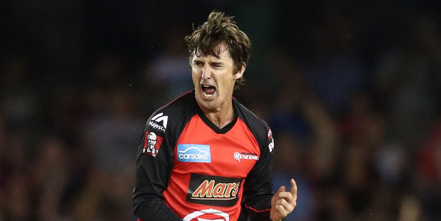 Brad Hogg (45) of the Renegades celebrates after taking a wicket during the Big Bash League. Photo / Getty