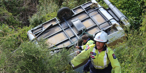 Fire Service officers attend the crash scene. Photo / Emily Norman