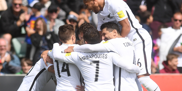 Marco Rojas celebrates his first goal for New Zealand All Whites v New Caledonia. Photo/Photosport
