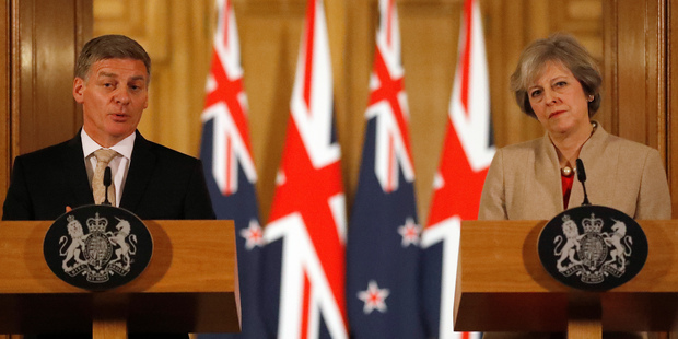 Bill English and Theresa May at a press conference at 10 Downing Street in London. Photo / AP