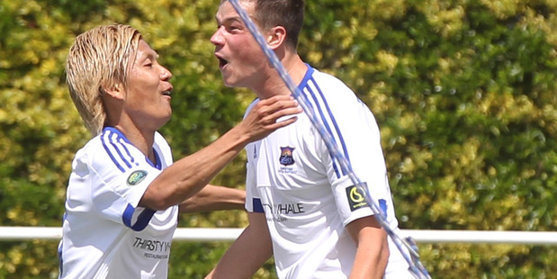 Kohei Matsumoto (left) and Saul Halpin were tireless for Bay United in their 1-0 loss to Waitakere United on Sunday. PHOTO/FILE