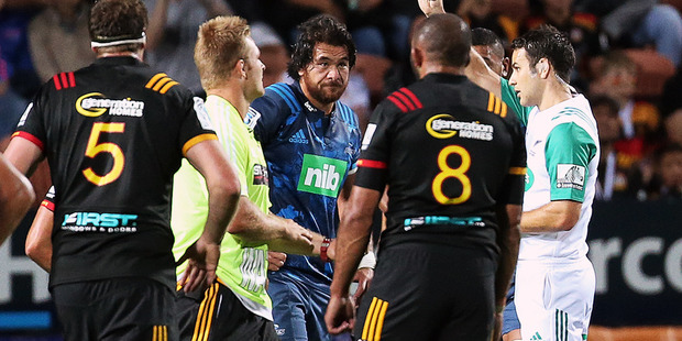 Blues loose forward Steven Luatua gets his marching orders in the match against the Chiefs. Photo / Photosport