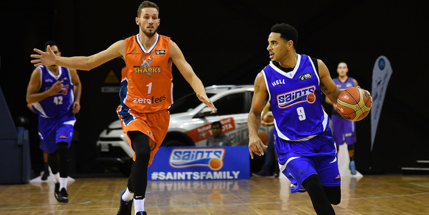 Corey Webster of the Saints and Luke Aston of the Sharks. Photo / Photosport
