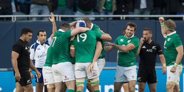 Ireland celebrate a try against the All Blacks in Chicago. Photo / Brett Phibbs