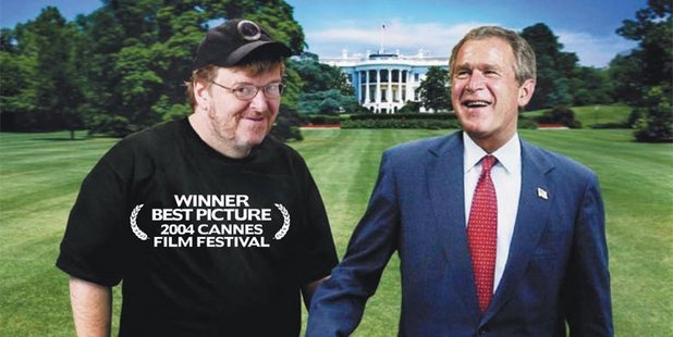 Michael Moore and George W Bush on the cover of the DVD for his 2004 film Fahrenheit 9/11. 
