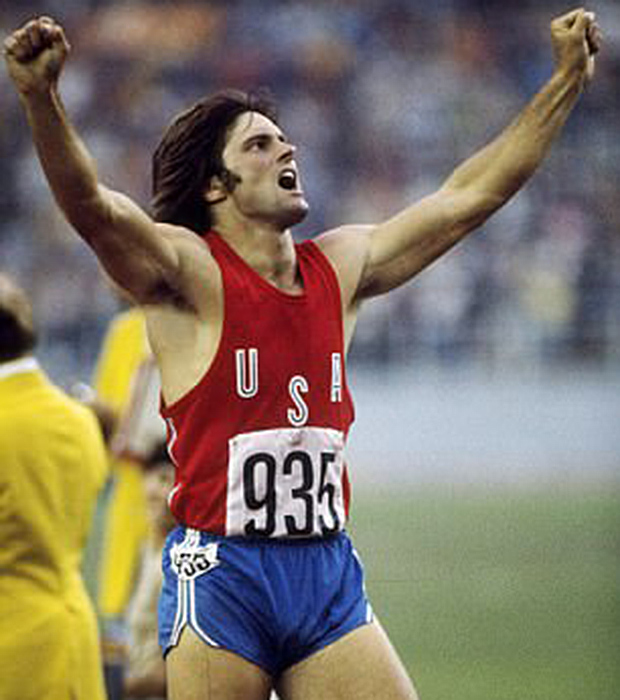 Bruce Jenner of the USA gives a victory salute after the 1500 Metres discipline of the Decathlon event at the 1976 Olympic Games. Photo / Getty