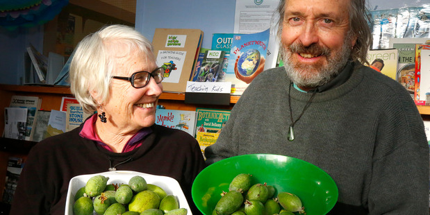 Margi Keys and John Milnes from Sustainable Whanganui get ready for the Feijoabulous Festival. Photo / Bevan Conley.