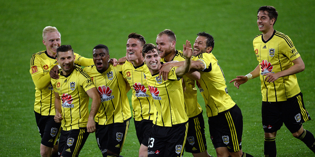 Wellington Phoenix players celebrate the goal scored by Matthew Ridenton during the Hyundai A-League, Wellington Phoenix v Newcastle Jets. Photo / Photosport.co.nz