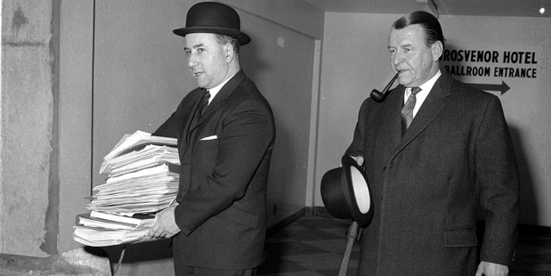 John Wood of the Department of Public Prosecution, left, and William Mars-Jones, QC for the prosecution, leave their hotel to attend the second day of the Moor Murders trial. Photo / AP