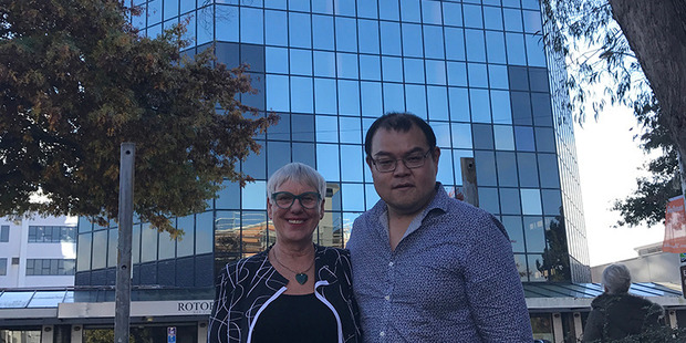 Rotorua mayor Steve Chadwick with Chow Group Management Ltd director John Chow outside the Zen Building.