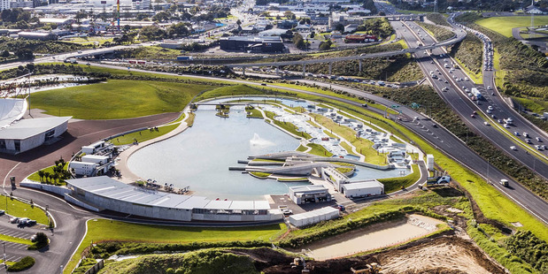 An elevated view encompassing the 8816sqm land site for sale at 8-10 Pacific Events Centre Drive, Manukau - bordering the Vector Wero Whitewater Park. Photo / Supplied