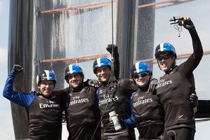 Team New Zealand skippered by Glenn Ashby (second to right) with helmsman Peter Burling (right), and teammates Ray Davies (left), Guy Eden (second to left) and Blair Tuke (centre). Photo / Getty