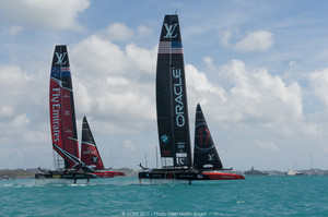 Team New Zealand and Oracle racing on the opening day of the America's Cup. Photo / ACEA 2017