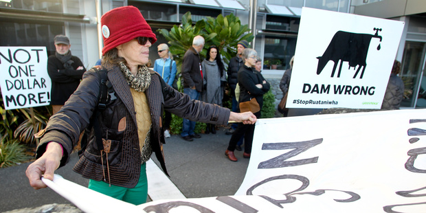Kathy Neale was among those who gathered outside the regional council yesterday to protest against the Ruataniwha Dam. Photo / Warren Buckland