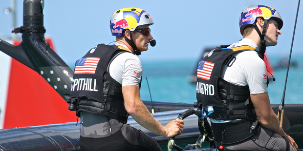 Jimmy Spithill and Wing sail Trimmer Kyle Langford of Oracle Team USA. Photo / www.photosport.co.nz