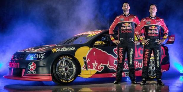 Shane van Gisbergen and Jamie Whincup show off the new livery. Photo / Red Bull Racing