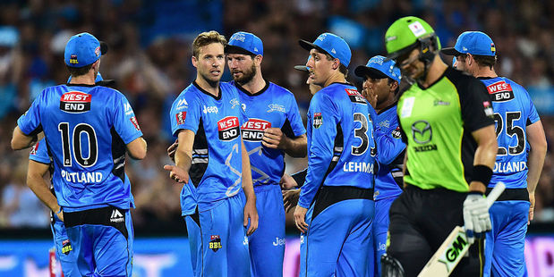 Ben Laughlin after taking the wicket of Shane Watson during the Big Bash League Semi Final in 2016. Photo / Getty Images