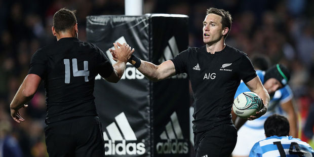 Ben Smith celebrates a try with Israel Dagg. Photo / Getty Images