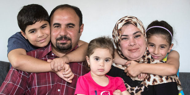 Iraqi refugees settling in NZ, Fahad Zaid, 10, (left) Zaid Al-Jarrah, 43, Layan Zaid, 2, Wagha Abdulraheem Al-Salihi, 33, and Nisreen Zaid, 7. Photo / Jason Oxenham