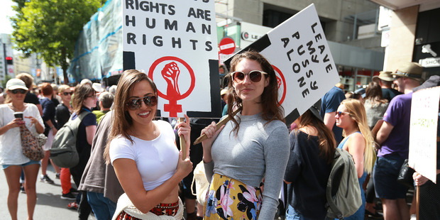 Women against Trump demonstration Queen Street Auckland today. Photo / Doug Sherring