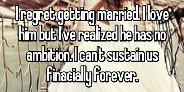 One woman's concerns were financial, as she admitted her husband wasn't ambitious enough. Photo / Whisper.com