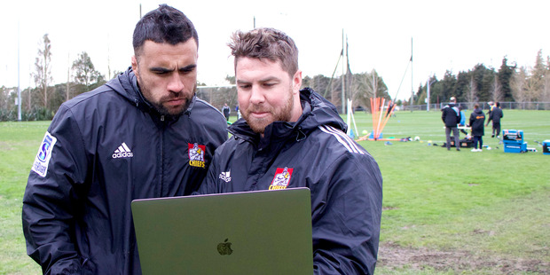 Chiefs: Mark Ray and Liam Messam analysing training footage at the Chiefs' Ruakura base.