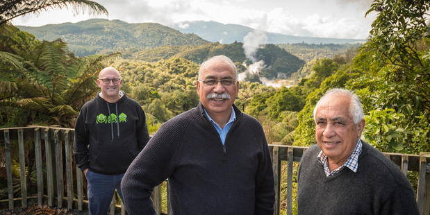 Te Puia's Tim Cossar (left), Tuhourangi's Alan Skipwith and Ngati Rangitihi's Leith Comer. Photo/Supplied