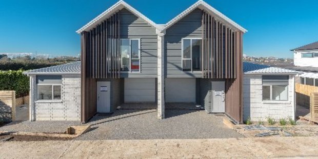 The new two-storey duplex houses in Rototuna will look to encourage community living. (Inset) Lodge Real Estate agent Cathy O'Shea. Photos / Supplied