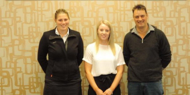 The recipient of this year's North Otago Federated Farmers-ANZ rural tertiary scholarship, Megan McLeod is flanked by ANZ agri-relationships manager Kirsty Stratton and North Otago Federated Farmers meat and fibre chairman Greg Ruddenklau. Photo / Sally Brooker