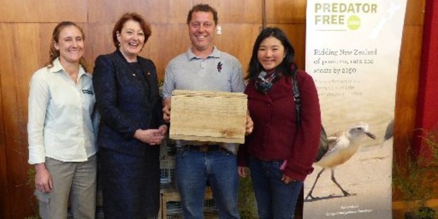 DOC Ranger Kellie Mayo with Minister for Conservation Maggie Barry and Jake and Tomomi Bowcock from Pest Free Esk Hill.