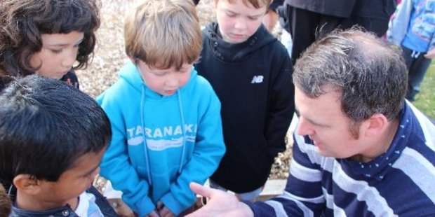 Deputy Principal Aaron Moore shows some pupils the leafcutter bee cocoons.