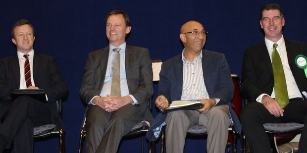 Kieran McAnulty (Labour), left, Alastair Scott (National MP), Ron Mark (NZ First deputy leader) and John Hart (Greens deputy leader) at a Grey Power meeting last week. Photo/Christine McKay