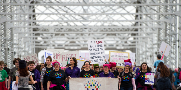 Demonstrators depart from the John Seigenthaler Pedestrian Bridge in Nashville, Tennessee. Photos / AP