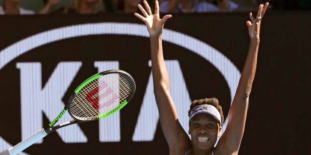 United States' Venus Williams celebrates after defeating compatriot Coco Vandeweghe during their semifinal at the Australian Open. Photo / AP