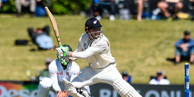 Henry Nicholls of the Black Caps cuts the ball during the 4th day of the second ANZ International Cricket Test match, New Zealand V Bangladesh. Photo / Photosport.co.nz