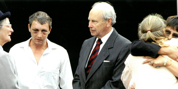 Lady Hardie Boys and Sir Michael talk to shooting victim Rodney Van De Wetering at the memorial service for the victims of the Raurimu massacre 13 February 1997 New Zealand Herald Photograph