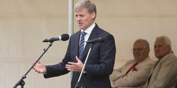 Prime Minister Bill English during his speech, some in te reo, at the Ratana Pa Marae, Ratana. Photo / Mark Mitchell