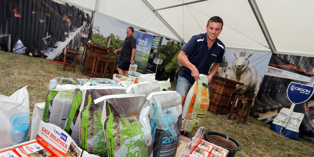 Aaron Gravatt, the Northland retail sales manager for PGG Wrightson, getting the display finished off. Preparations for Northland Field Day 2015. Photo / John Stone