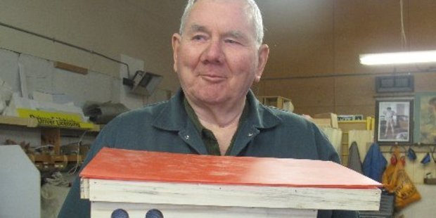 Ivan Stick with one of his bumble bee nests at the Whanganui Men's Shed.
